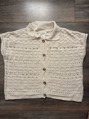 Jessica Simpson Cream Openwork Button-Up Short Sleeve Cardigan